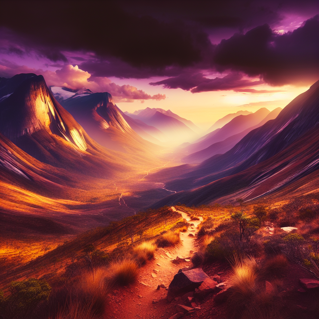 Epic mountain trail at sunset