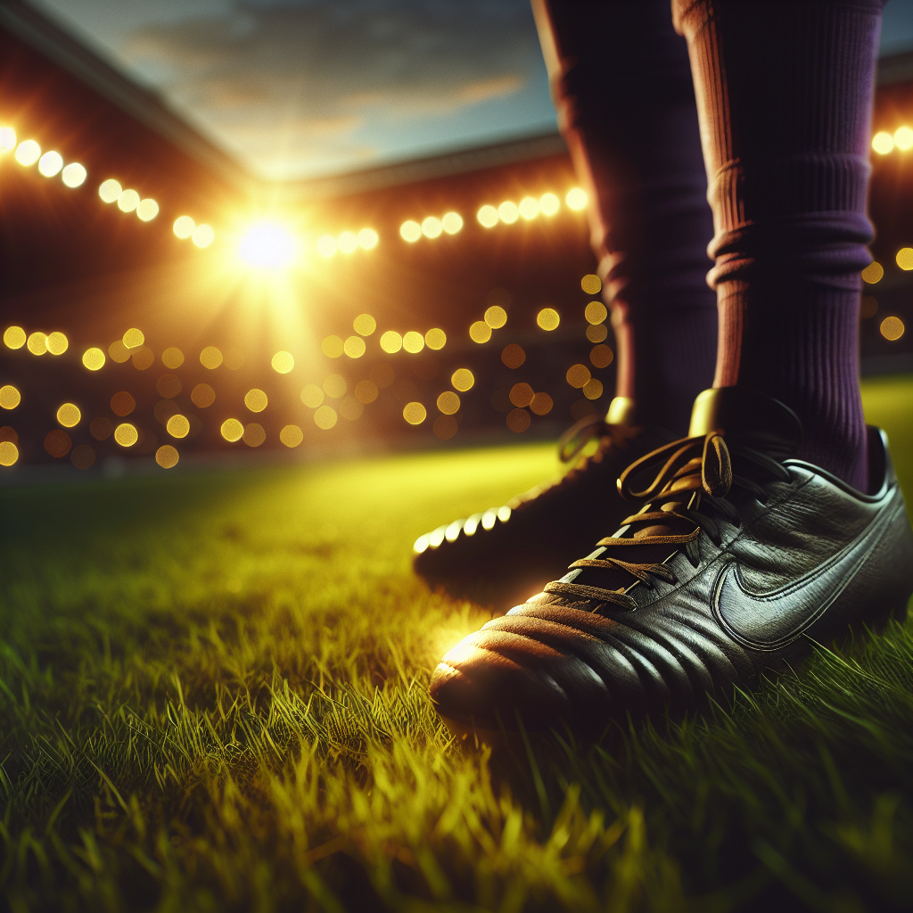 Soccer cleats on the pitch at golden hour